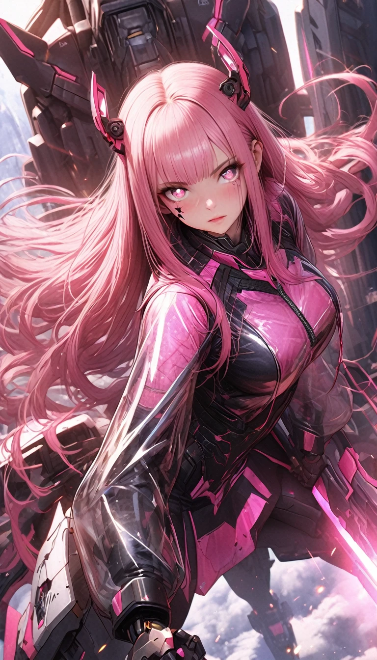 ((masterpiece))) whole body, whole body Shot (One Girl) ((Pink Hair, Long Hair, Straight hair, Both sides up))), ((Green Eyes))), eye shadow, eyeliner, Glow Eye, Hyper Detail Eye, Complex eyes, Beautiful Eyes, Detailed eyes, (((Star-shaped pupils, Shining pink eyes))) 18-year-old girl. (Wearing a transparent PVC jacket)) huge cool weapon mechanical in hand, huge cool weapon mechanical, Mecha, Mechaanism, mechanical, Open Stance, Coalesce(Realistic skin texture:1.3), rtrophto1
