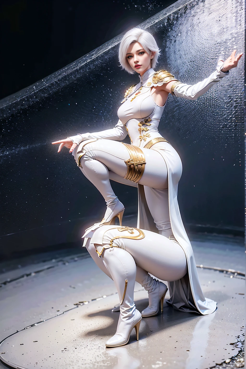 8K, HDR, Extremely realistic textures, Sharp texture, high resolution, best quality. whole body, slim, (slim), tall and big, short hair, White hair, white body stockings, Wearing pants, High heel, Gloves,Squat,Legs open