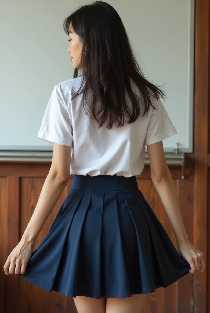 school asian girl , lifting her skirt, fuck from behind