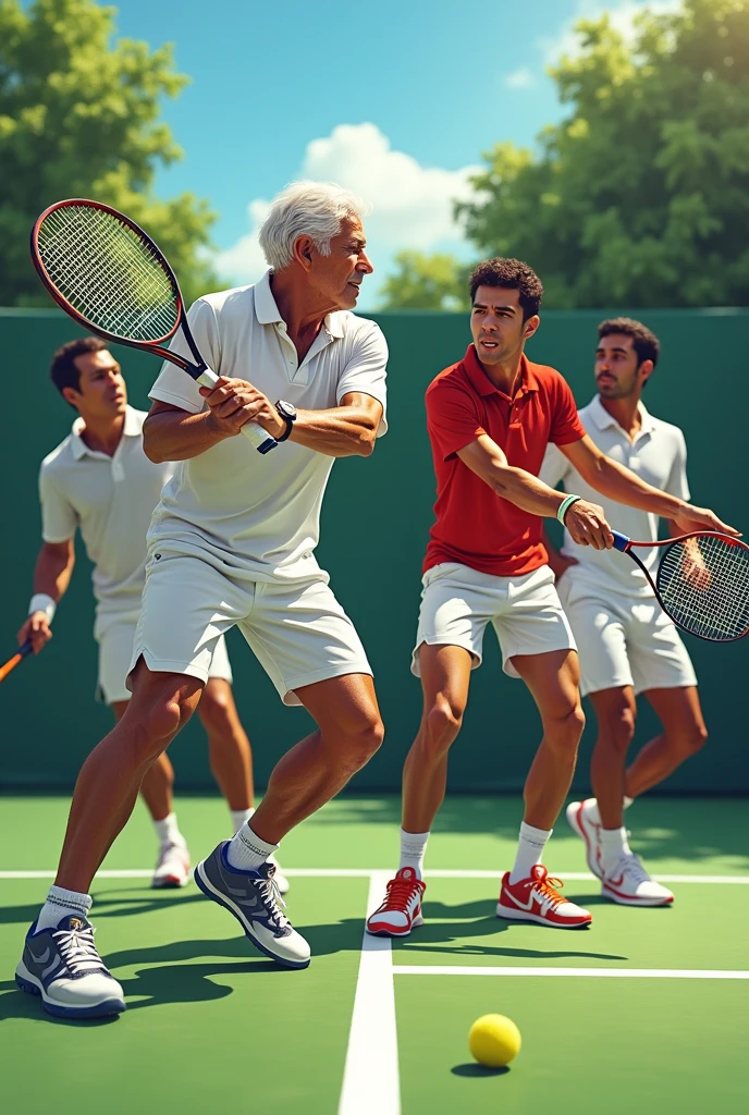 There are 4 tennis players, we have to be 4 players in the photo. And the oldest players are Bernard, he's French, he has white hair, he's very old and there's Ramses, he's Egyptian and he's the strongest. He has to be the prettiest of all 4. And the other is Julio, he's a Portuguese and the last one is Mourad, his Moroccan.