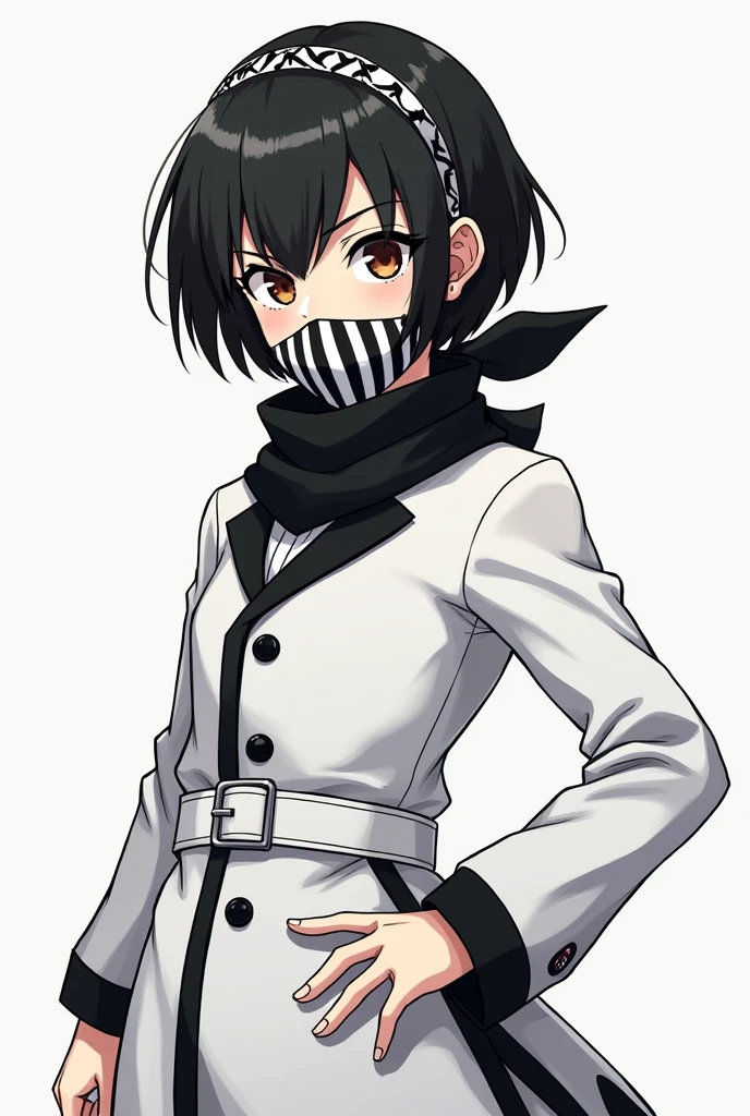 Kakushi_Girl, 1girl, solo, black hair, brown eyes, belt, horizontal stripes mask, black and white mask, white belt, demon slayer uniform,bandana,short hair,forehead