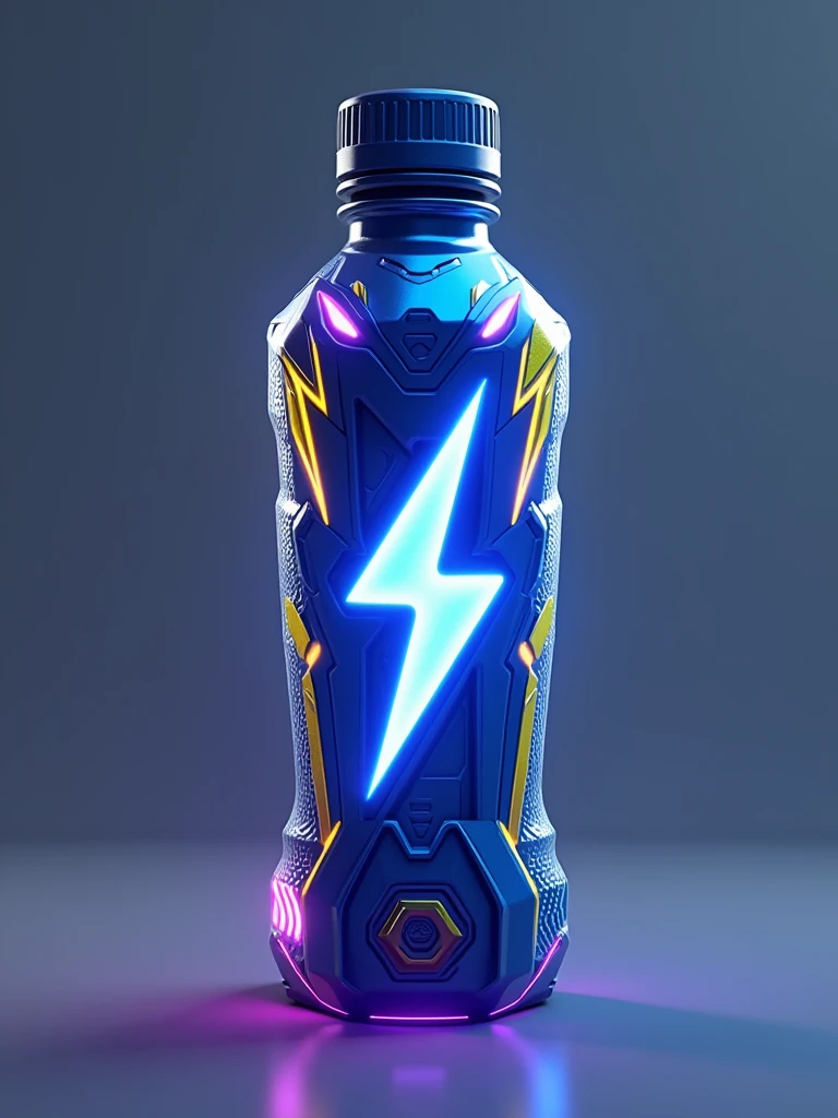 Imagine an energy drink bottle stylized for a video game world like Fortnite. The bottle has a slender shape with angular, futuristic contours, reminiscent of a game character's equipment. The bottle's main color is a vibrant electric blue, with neon accents in yellow and purple. The design features dynamic geometric patterns, inspired by the cyberpunk aesthetic, with lightning bolts and digital symbols that recall energy and speed. The texture of the bottle is metallic with a slight sheen effect, accentuating the high-tech look. The cap is screw-shaped with deep grooves for better grip, also in blue with yellow details. Finally, the drink's logo, a stylized lightning bolt, is placed in the center of the bottle, radiating energy.