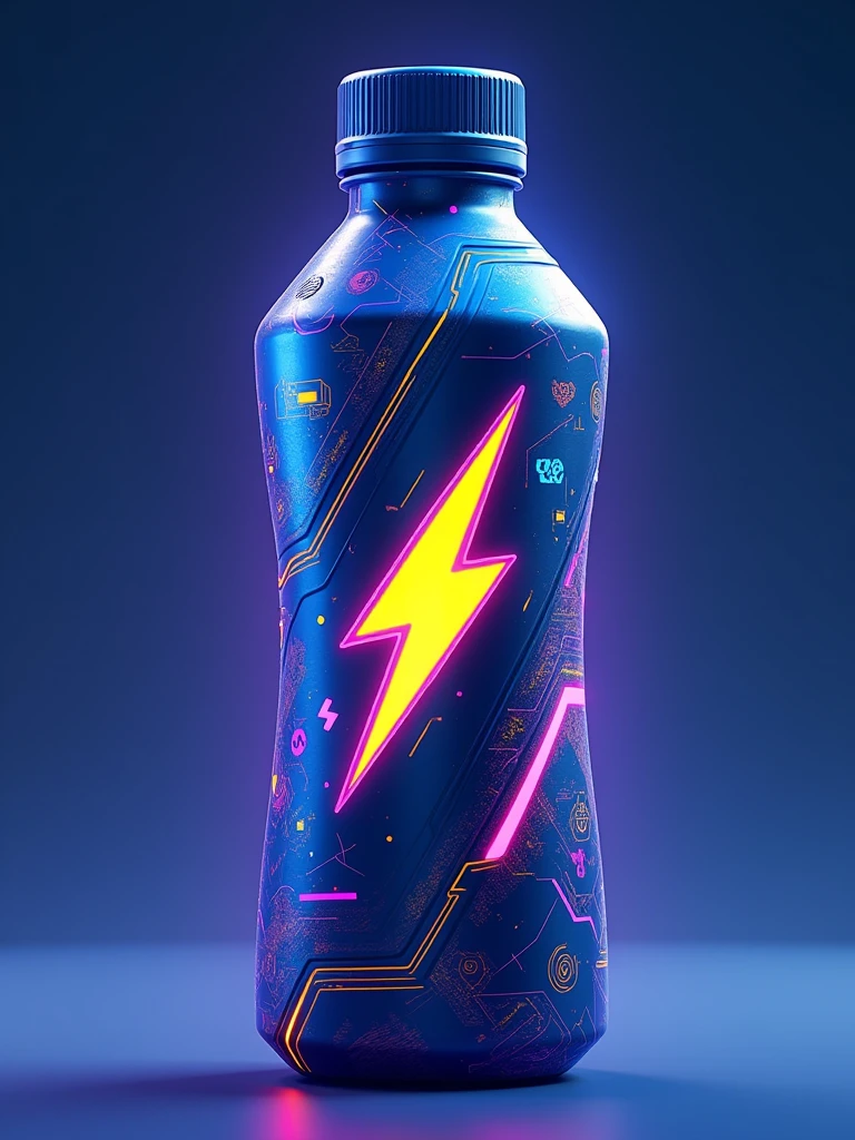 Imagine an energy drink bottle stylized for a video game world like Fortnite. The bottle has a slender shape with angular, futuristic contours, reminiscent of a game character's equipment. The bottle's main color is a vibrant electric blue, with neon accents in yellow and purple. The design features dynamic geometric patterns, inspired by the cyberpunk aesthetic, with lightning bolts and digital symbols that recall energy and speed. The texture of the bottle is metallic with a slight sheen effect, accentuating the high-tech look. The cap is screw-shaped with deep grooves for better grip, also in blue with yellow details. Finally, the drink's logo, a stylized lightning bolt, is placed in the center of the bottle, radiating energy.