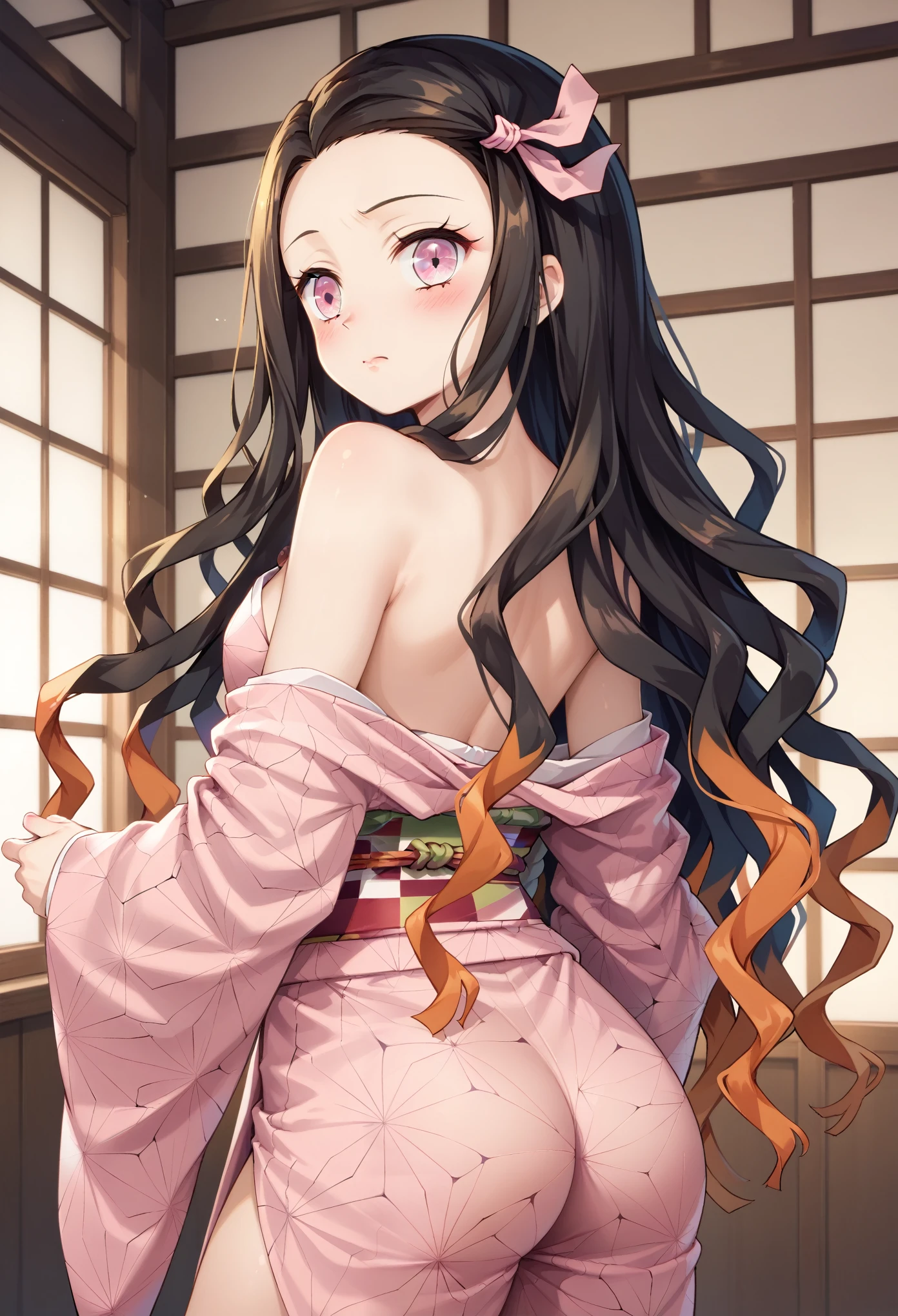 score_9, score_8_up, score_7_up, nsfw, (Demon Slayer, kimetsu no yaiba style), nezuko kamado, (1girl, solo), (wavy hair, long hair, two-tone hair, multicolored hair, black hair, orange hair, hair ribbon), forehead, (pink eyes, slit pupils), (pink kimono, undressing, bare shoulder, (bare buttocks, hip)), (embarrassed expression, blush), (from behind, looking to the side), old style Japanese room back ground