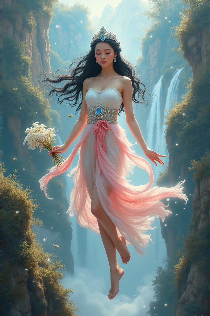 full lenght at night, full body image of a beautiful young woman in a white and pink Thai strapless dress, wearing a white and pink sarong, long flowing black hair, wearing a small blue crown, flying half-floating down from the sky, holding a bunch of jasmine in her hand, surrounded by sparkling light, a masterpiece of art, seen in all directions, glowing, sparkling, beautiful, with a white and gold Thai Naga, a beautiful mountain and waterfall scene, a three-dimensional image, an oil painting, an art image by Ajarn Chalerm Chai