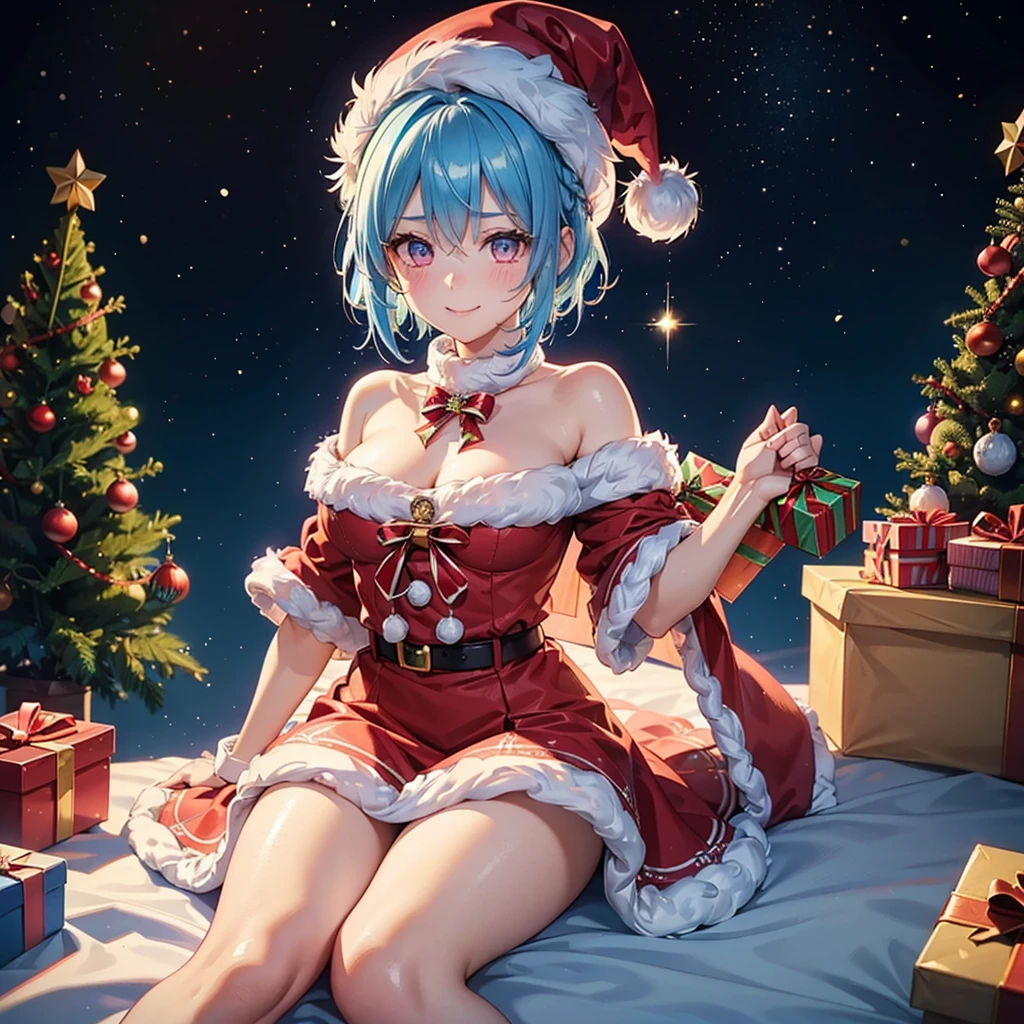 (Sky blue hair),(Braided short hair), (Pink Eyes),Fair skin) ,(whole body),(One Girl),(Gift boxes filling the background),(Santa Claus clothes),(Cute smile),Santa Claus hat,(Christmas Party),(masterpiece, Highest quality, Very detailed, Best Shadow), (Detailed Background), (Beautifully detailed face), High Contrast, (Best lighting, Very delicate and beautiful), ((Cinematic Light)), Hyper Detail,8k, Dramatic Light, Intricate details,night,Christmas tree