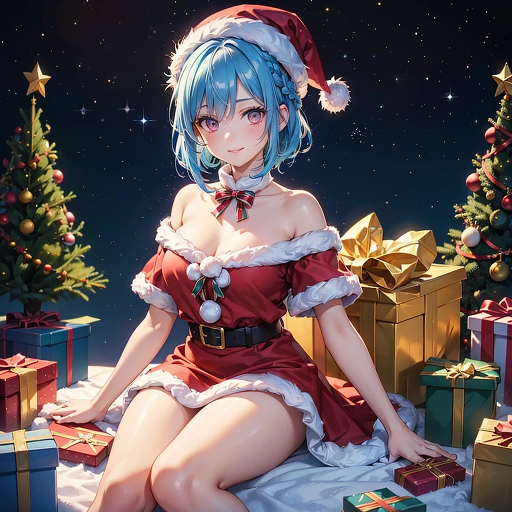 (Sky blue hair),(Braided short hair), (Pink Eyes),Fair skin) ,(whole body),(One Girl),(Gift boxes filling the background),(Santa Claus clothes),(Cute smile),Santa Claus hat,(Christmas Party),(masterpiece, Highest quality, Very detailed, Best Shadow), (Detailed Background), (Beautifully detailed face), High Contrast, (Best lighting, Very delicate and beautiful), ((Cinematic Light)), Hyper Detail,8k, Dramatic Light, Intricate details,night,Christmas tree