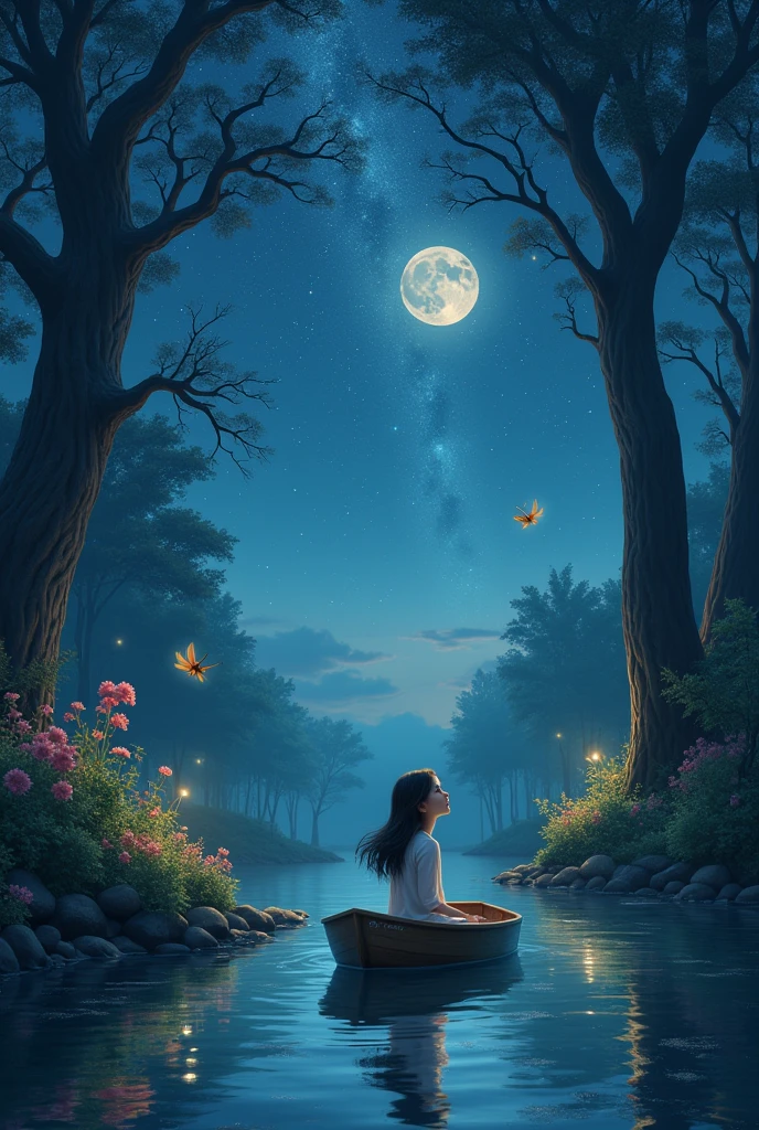 A beautiful girl was watching stars in the dark sky filled with moonlight. It was a dark forest with tall trees and flowers garden. She was on the boat in the lake. The light insect was shining beautiful