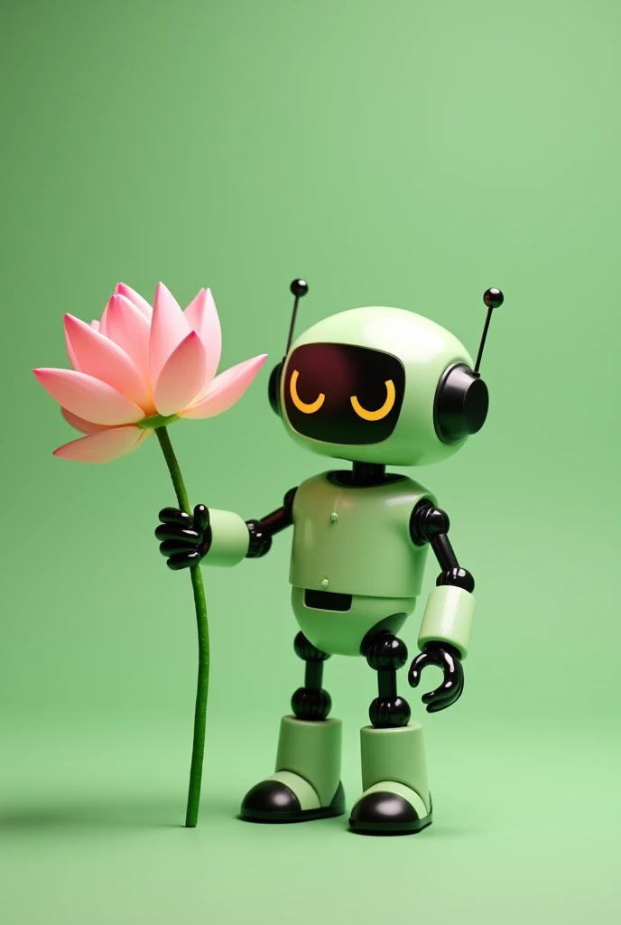 Friendly light green robot holding a lotus flower in hand