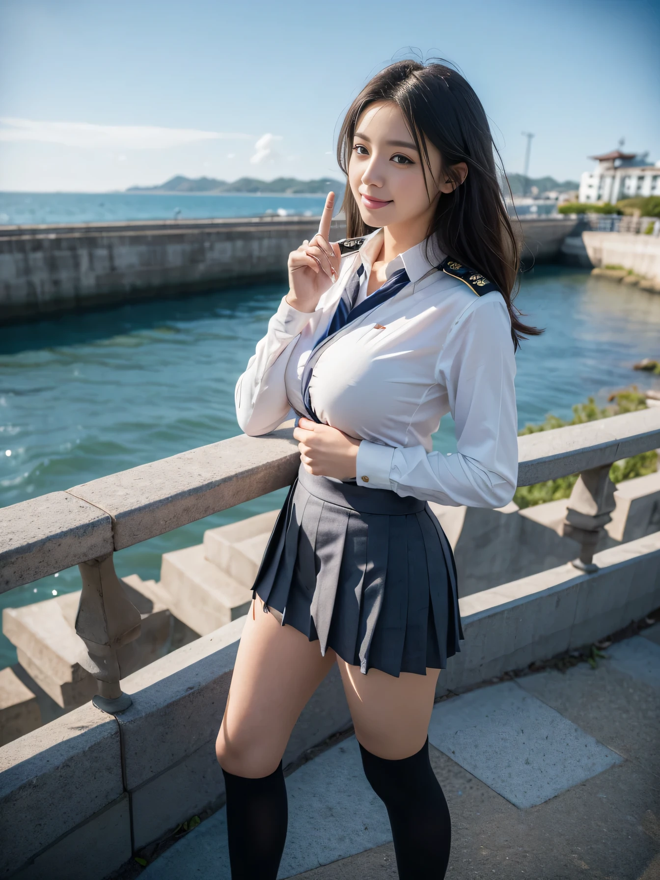 (((One girl))), ((Highest quality)), (Very detailed), (Very detailed CG synthesis 8k wallpaper), Very detailed, High-resolution RAW color photos, Professional photography, Black Hair, Long Hair、Great face and eyes、smile, (((Beautiful big breasts))), (Stunningly beautiful), (((depicted in detail、Realistic finger joints)))、Depth of written boundary、Hands are clearly visible、depicted in detail、Realistic finger joints、Realistic hands and feet、Perfect anatomical detail、The knuckles of the hands and fingers are clearly visible
(((Woman in uniform))), (((Japanese High School Uniform))), White blouse, Pleated skirt, ribbon, Black knee-high socks, Leather shoes, Port town、Standing on the seashore, Wide ocean panorama, A pleasant breeze