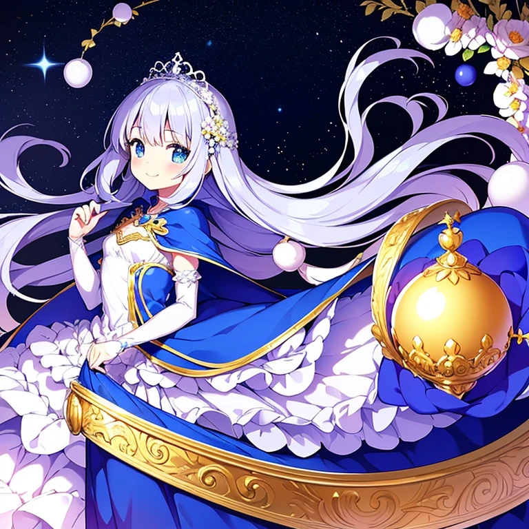 looking at viewer,(kawaii),(best quality),(ultra detailed),(rococo style),(long train blue cape:1.15), very long cape,(long train white ball gown with flower decorations:1.1), a girl is wearing a cape over her gown, 1 little princess, tiara, smile, very long hair, small breasts