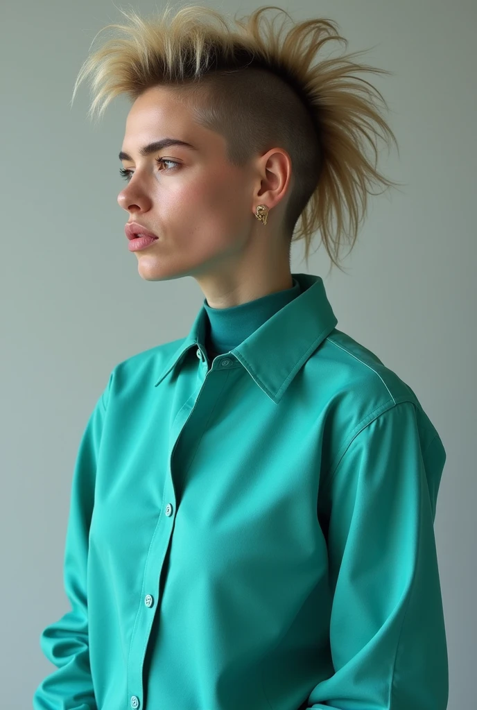 An extremely talented and lazy designer, wearing a long-sleeved turquoise blouse, mohawk hair. Profile