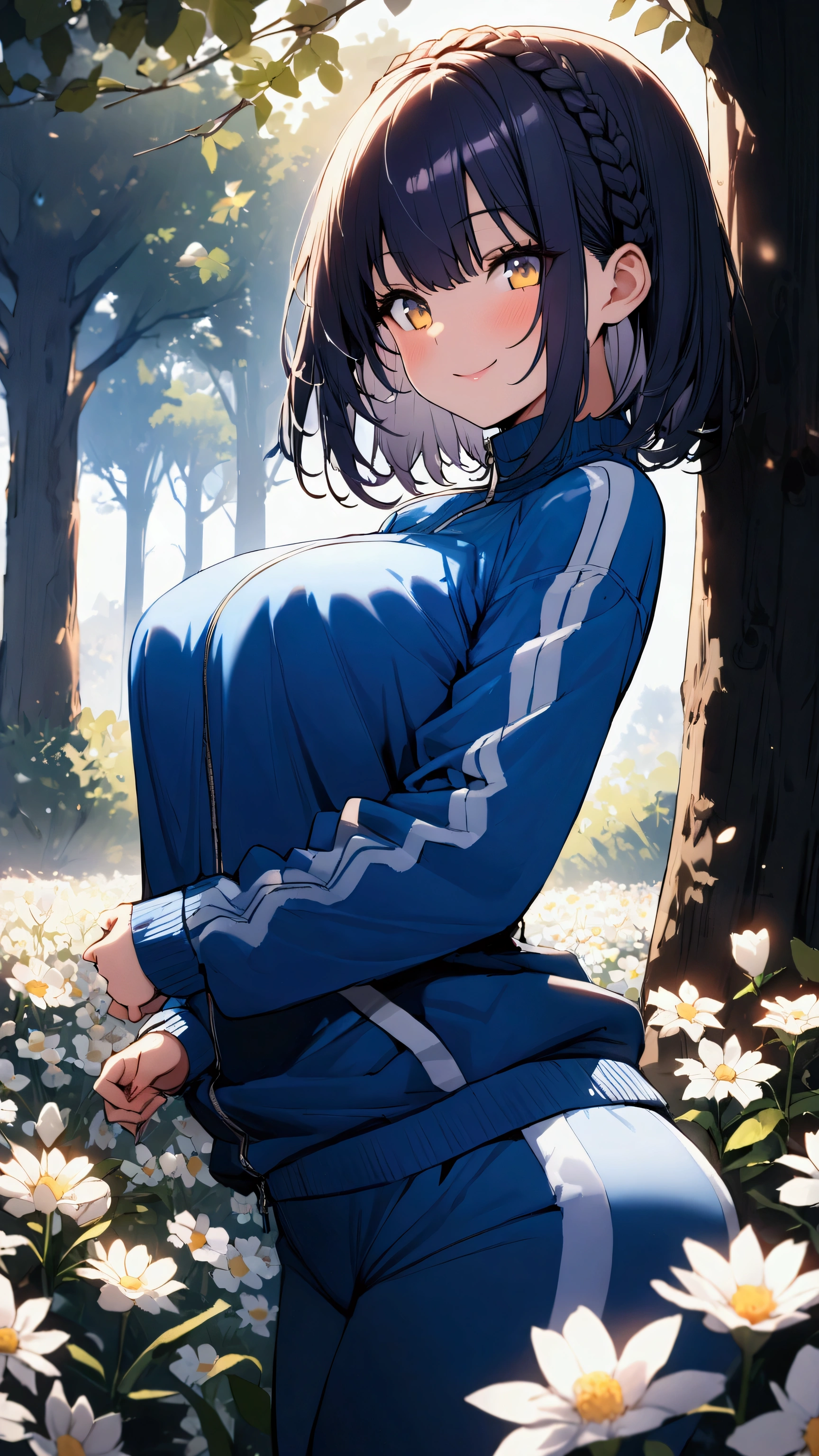 masterpiece, Highest quality, Ultra-high resolution, (beautiful girl: 1.3), (Crown braid＆Straight hair&short hair),Indigo Hair,Highly detailed eyes,Yellow and black eyes,Looks about 15 years old、 (Blue sweatpants:1.3), (The jacket is a blue track jacket.....: 1.3),Flower Field,Focus on the very big things, Round and beautifully shaped butt,fine,Big smile,I have flowers,sunlight through trees,slant eyes,voluptuous