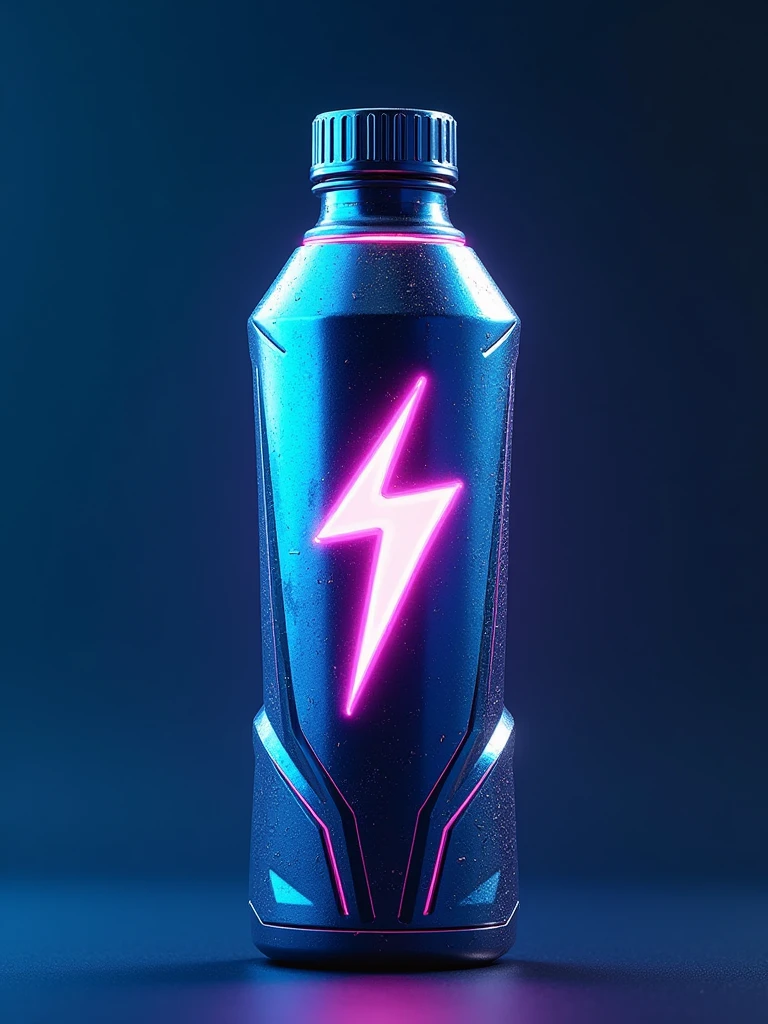 Imagine an energy drink bottle stylized for a video game world like Fortnite. The bottle has a slender shape with angular, futuristic contours, reminiscent of a game character's equipment. The bottle's main color is a vibrant electric blue, with neon accents in yellow and purple. The design features dynamic geometric patterns, inspired by the cyberpunk aesthetic, with lightning bolts and digital symbols that recall energy and speed. The texture of the bottle is metallic with a slight sheen effect, accentuating the high-tech look. The cap is screw-shaped with deep grooves for better grip, also in blue with yellow details. Finally, the drink's logo, a stylized lightning bolt, is placed in the center of the bottle, radiating energy.