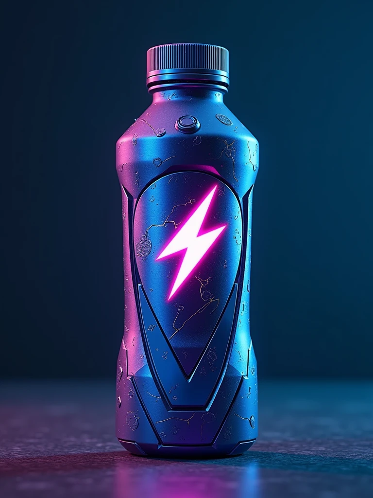 Imagine an energy drink bottle stylized for a video game world like Fortnite. The bottle has a slender shape with angular, futuristic contours, reminiscent of a game character's equipment. The bottle's main color is a vibrant electric blue, with neon accents in yellow and purple. The design features dynamic geometric patterns, inspired by the cyberpunk aesthetic, with lightning bolts and digital symbols that recall energy and speed. The texture of the bottle is metallic with a slight sheen effect, accentuating the high-tech look. The cap is screw-shaped with deep grooves for better grip, also in blue with yellow details. Finally, the drink's logo, a stylized lightning bolt, is placed in the center of the bottle, radiating energy.