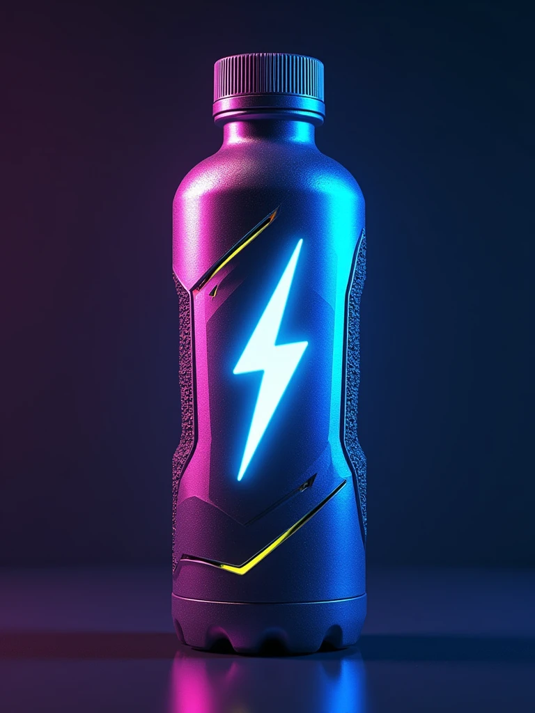 Imagine an energy drink bottle stylized for a video game world like Fortnite. The bottle has a slender shape with angular, futuristic contours, reminiscent of a game character's equipment. The bottle's main color is a vibrant electric blue, with neon accents in yellow and purple. The design features dynamic geometric patterns, inspired by the cyberpunk aesthetic, with lightning bolts and digital symbols that recall energy and speed. The texture of the bottle is metallic with a slight sheen effect, accentuating the high-tech look. The cap is screw-shaped with deep grooves for better grip, also in blue with yellow details. Finally, the drink's logo, a stylized lightning bolt, is placed in the center of the bottle, radiating energy.