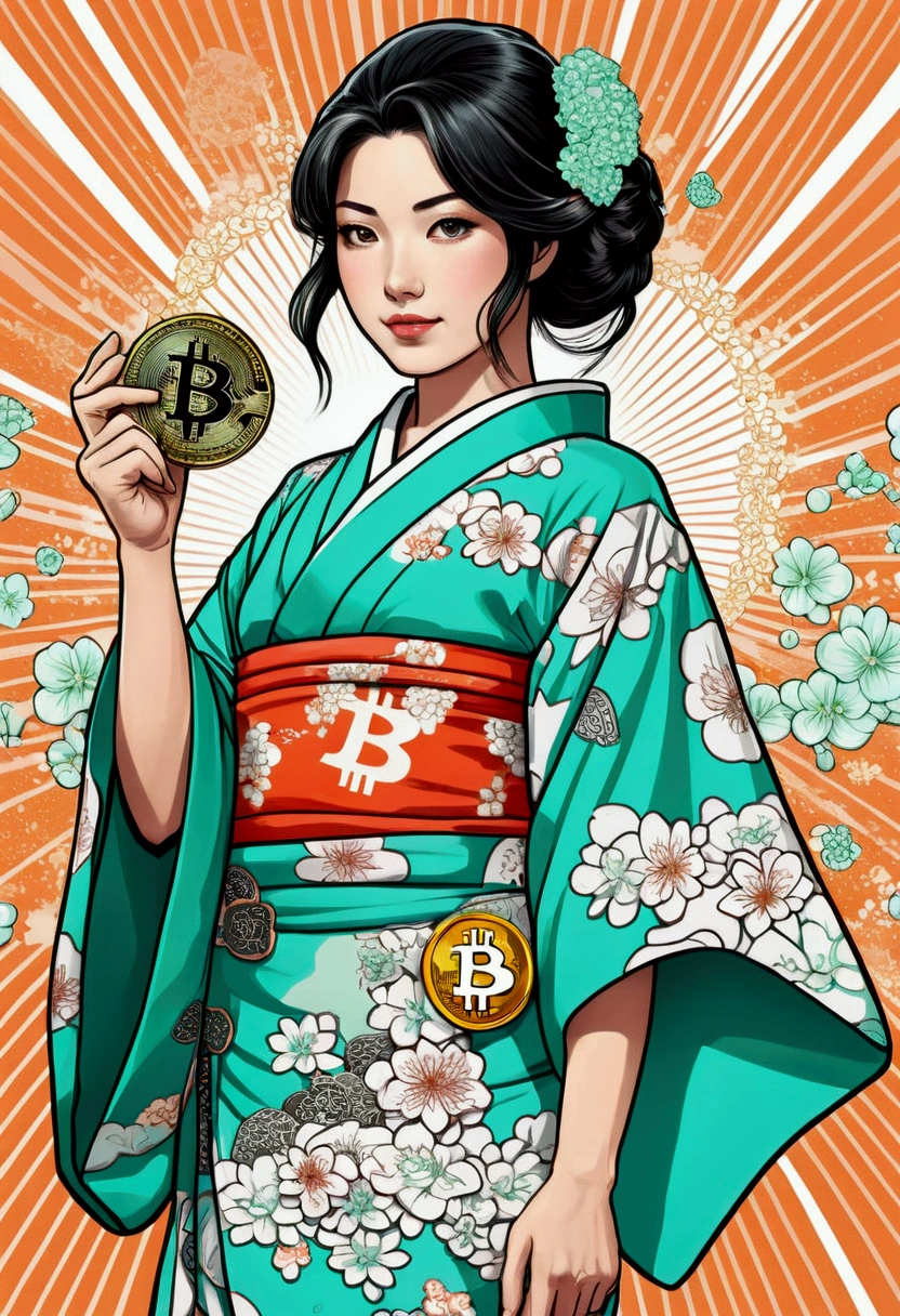 Japanese women's kimono comics hold a bitcoin with mint elements