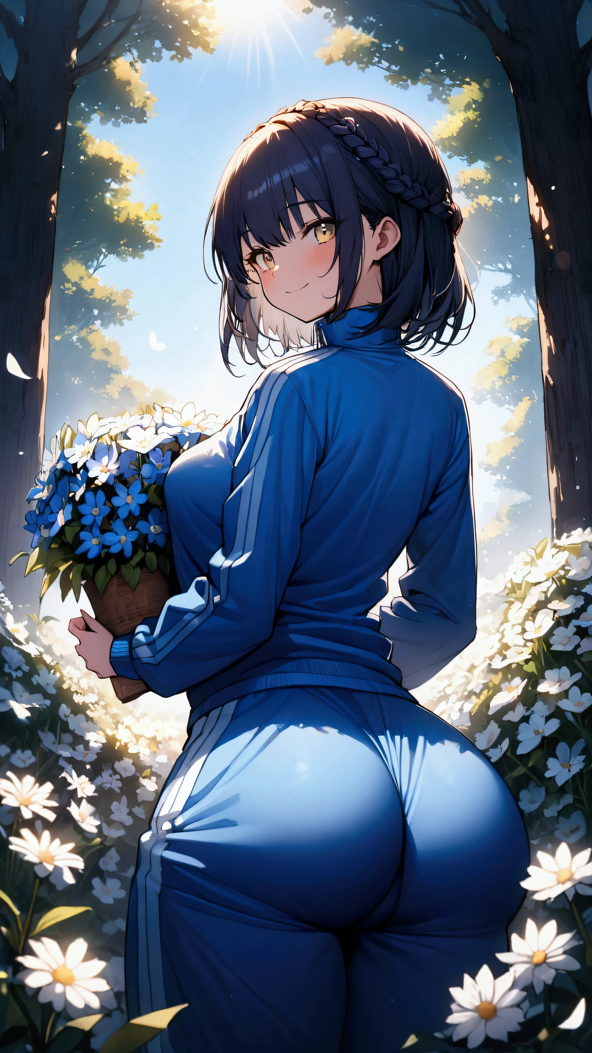 masterpiece, Highest quality, Ultra-high resolution, (beautiful girl: 1.3), (Crown braid&Straight hair&short hair),Indigo Hair,Highly detailed eyes,Yellow and black eyes,Looks about 、 (Blue sweatpants:1.3), (The jacket is a blue track jacket.....: 1.3),Flower Field,((Focus on the very big things, Round and beautifully shaped butt)),fine,Big smile,I have flowers,sunlight through trees,slant eyes,Back Pose