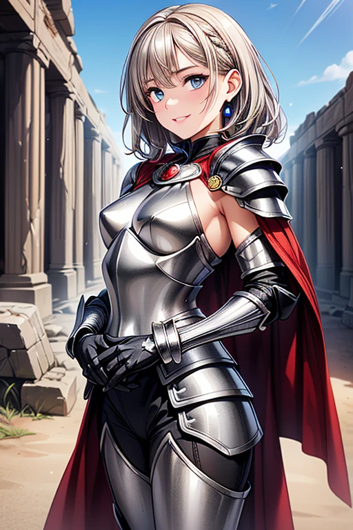 #Basics A girl is posing for a photo, (((One Girl))), (((:1.4)) + ((cute:1.4)) + ((15 years ak
#Clothing Accessories
((Silver and Black)Quinceanera dress style armor:1.6) + (Red gemstone embedded(Silver and Black)breastplate:1.6) + (Black Gauntlet:1.6) + (Red cape with shoulder pads:1.6), (Silver and Black)Combat Boots:1.4,
(Gold hoop earrings),
break
#Features
((Blonde:1.2)) + ((Very long side bangs)) + ((short hair) : Long Hair + Curly hair + Voluminous Hair),
((Droopy eyes:1.4, Big eyes:1.3), blue eyes), (Small breasts), (Neutral facial features),
break
#background environment
((noon, Fantasy World Ancient Ruins, blue sky)),
#Facial Expression Pose
((Wicked Smile)), ((Standing pose with hands clasped behind back)),
#composition
((To the camera), (Angle from the front), (Character Focus), (Cowboy Shot)),
break
#Body parts elements
(Slim figure),
(Symmetrical facial features),
(Detailed Hair, Beautiful Hair, Shiny Hair),
(double eyelid, Long eyelashes, Thin eyebrows:0.5, Thin eyebrows:0.5),
(Expression of fine eyes, Beautiful and delicate eyes, Sparkling eyes, Eye Reflexes, Glitter Eyeliner),
(Human Ear),
(Beautiful Nose, Thin Nose),
(Glossy Lips, Beautiful Lips, Thick lips),
(Detailed skin, Textured skin, Beautiful Skin, Oily skin),
break
#quality
(((最高quality)), ((masterpiece:1.3)), ((Very detailed))), ((Ultra-high resolution)), ((16K)), ((1080P)), ((Full HD)),
((Anatomically correct)), ((Realistic)), (3DCG), ((Oil painting)),
((comics, anime)), (CG illustration), (RAW Photos),
