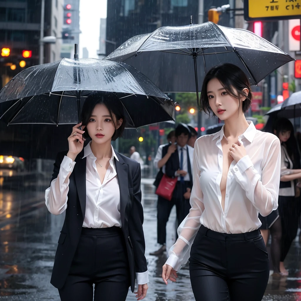 exy pose、Hair getting wet in the rain、Mr.々Hair style、Short Hair、Transparent shirt、Beautiful woman getting wet in the rain、typhoon、Get wet without an umbrella、Beautiful woman in the rain、雨で濡れたBeautyOL、Detailed face、Realistic、beautiful girl、Beauty、Office Lady Uniform、beauty、Beautiful woman、Narrow waist、Handsome woman、Tight pants look、suit、Sexy pose、タイトなsuitパンツ、雨で濡れたsuit、Wet naked shirt、See-through shirt、Shot in heavy rain、Naked shirt、Colorful underwear