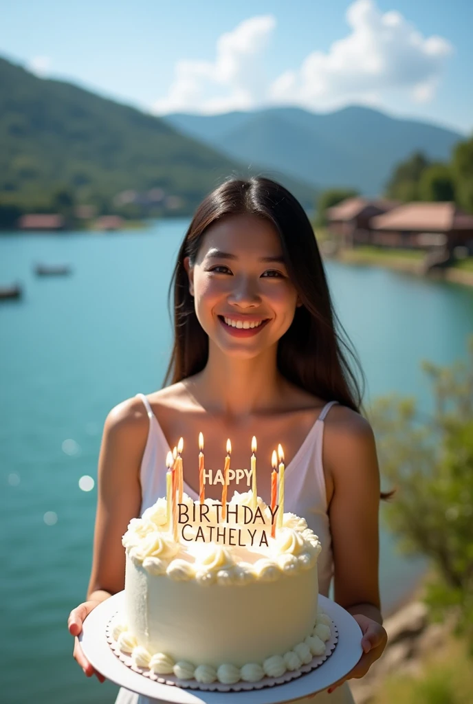 "A beautiful girl holding a birthday cake with lit candles, standing near the stunning Lake Toba in Indonesia. The background features the lake's clear blue waters, surrounded by lush green hills and traditional Batak houses in the distance. The girl is smiling joyfully, and the sky is clear with soft sunlight. The cake has 'HAPPY BIRTHDAY CATHELYA' written on it in elegant lettering, and there are subtle decorations around the cake that match the natural setting."
