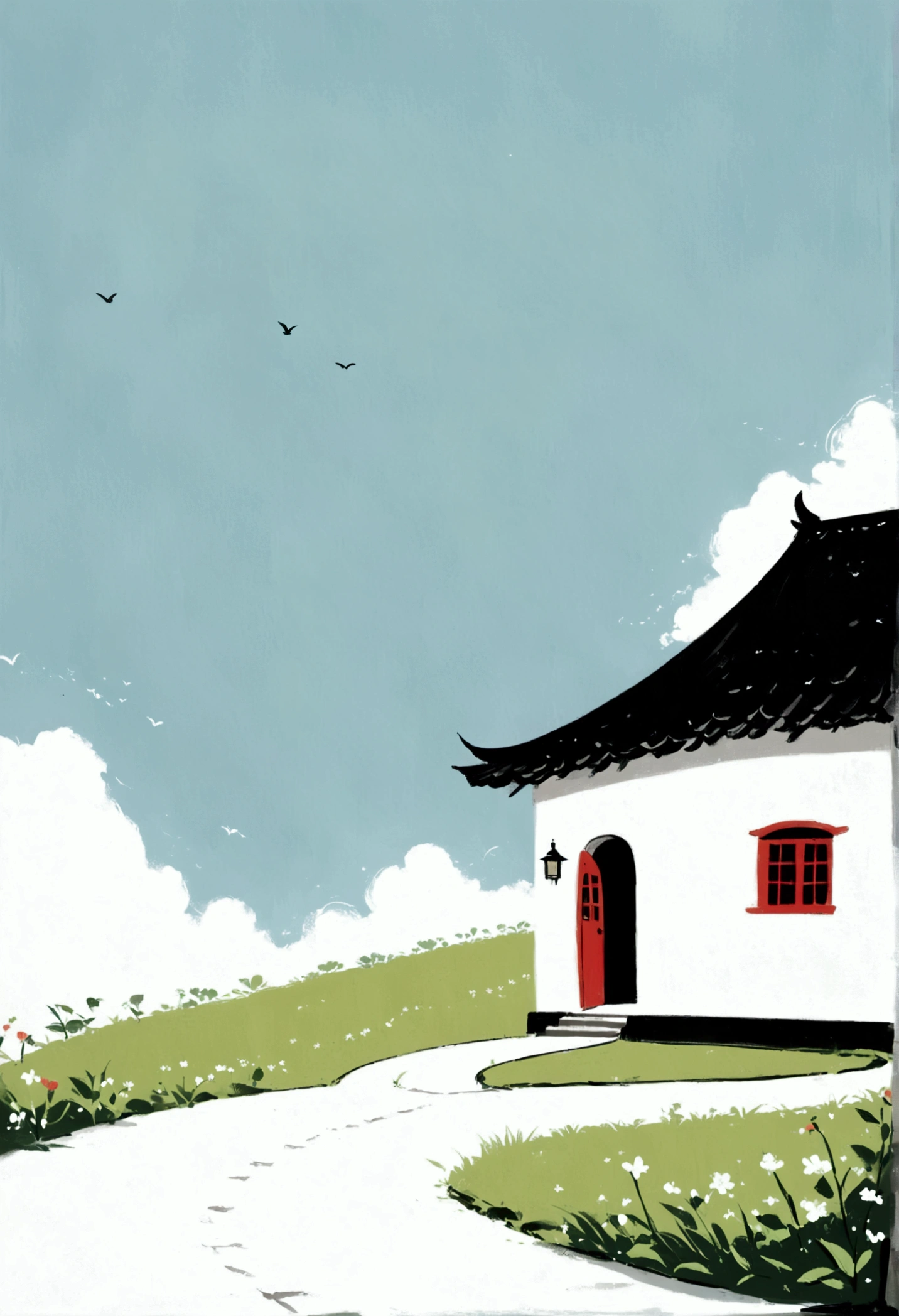 Sky占比2/3.Chinese Ink Painting Sketch：Peaceful and Freehand，artistic conception:2.Dot，A thatched cottage on a winding path，Minimalism，White background。(((Negative Space:2,Large area of blank:2, Bottom left corner composition)))。niji6 style