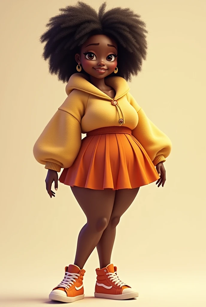 A highly detailed. African American woman wearing body stockings, a round skirt, a sweater and sneakers. Plain background. Disney and Pixar type.