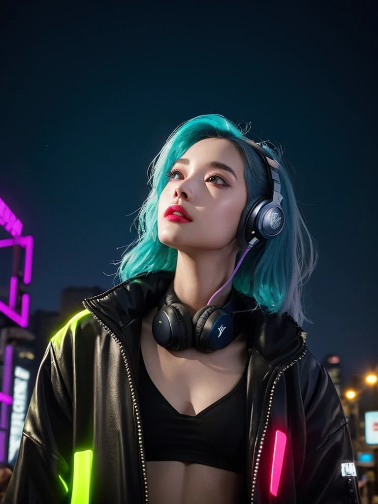 (masterpiece, Highest quality, Highest quality, Very detailed, Most detailed, Highest quality、Realistic photo、, Structure of the film, beautifully、aesthetic:1.2), colorful, (Detailed drawn eyes:1.1), Beautiful Face, Perfect body, One girl, alone, City of night, City, Ratan, street, black | Yellow bomber jacket, (Neon Light:1.1), Small breasts, software, performer, (headphone:1.1), (cyber punk:1.1), (sf:1.1), (look up:1.2), (public:1.2)