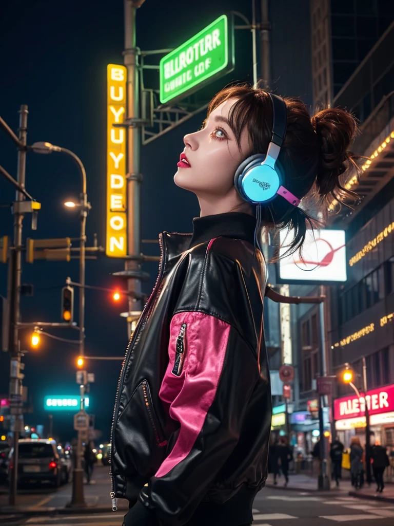 (masterpiece, Highest quality, Highest quality, Very detailed, Most detailed, Highest quality、Realistic photo、, Structure of the film, beautifully、aesthetic:1.2), colorful, (Detailed drawn eyes:1.1), Beautiful Face, Perfect body, One girl, alone, City of night, City, Ratan, street, black | Yellow bomber jacket, (Neon Light:1.1), Small breasts, software, performer, (headphone:1.1), (cyber punk:1.1), (sf:1.1), (look up:1.2), (public:1.2)