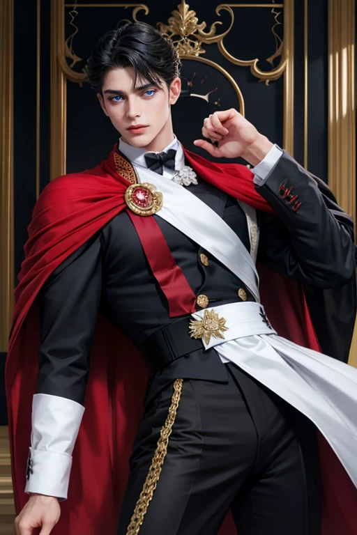 masterpiece, 最high quality, high quality, 1 boy, alone, Male focus, Watching the audience,  Messy black hair, Adorable big blue eyes, White, Noble, Noble,A sexy, voluminous, puffy cape、tuxedo、A very voluminous, large, very large, very large, long, long red and black cape with a high stand-up collar, made of a lot of fabric that reaches down to the floor., ,Cute beautiful boys,Cute, cute, kind, handsome guy