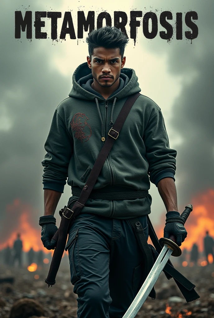 A film poster depicting a brave young man, wearing a hoodie, drawing his samurai on the battlefield with the words "Metamorfosis" written in capital letters in the centre,