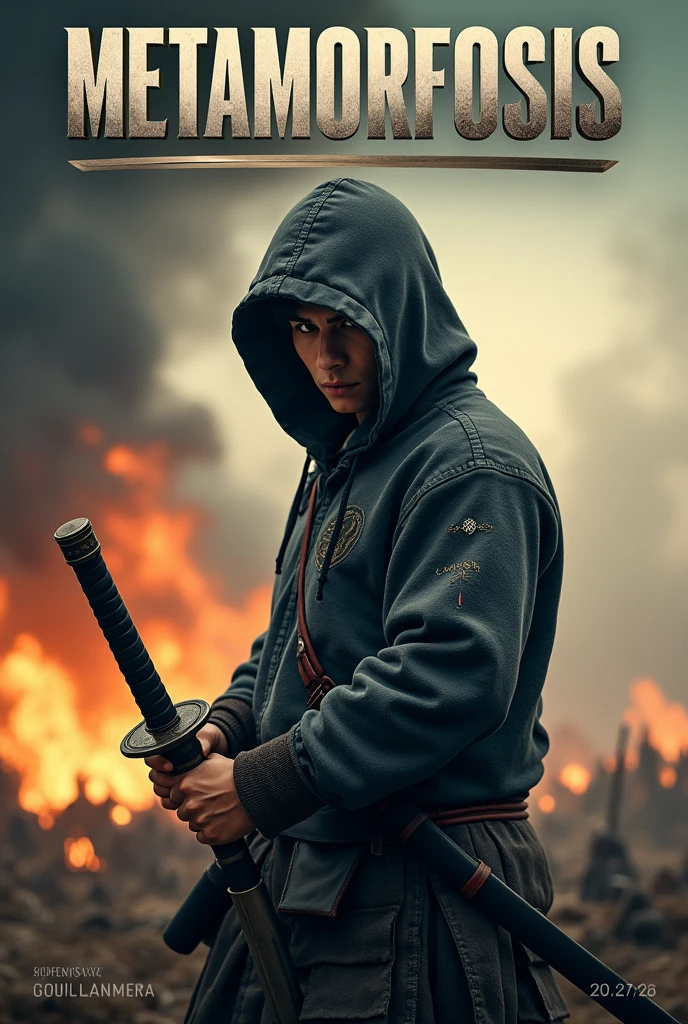 A film poster depicting a brave young man, wearing a hoodie, drawing his samurai on the battlefield with the words "Metamorfosis" written in capital letters in the centre,