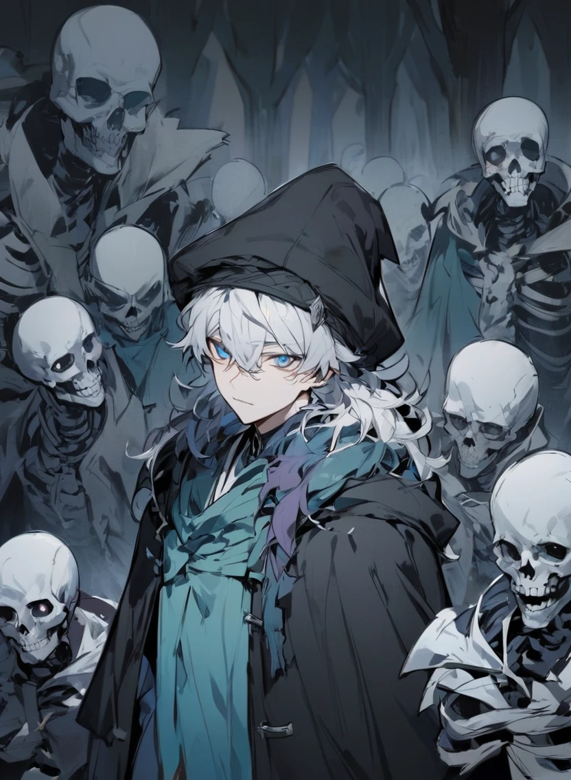 young man ,Male Dark, dark Woods, cold colors, man white hair with blue eye, Warlock dnd , Skeleton army in background, calm face expression