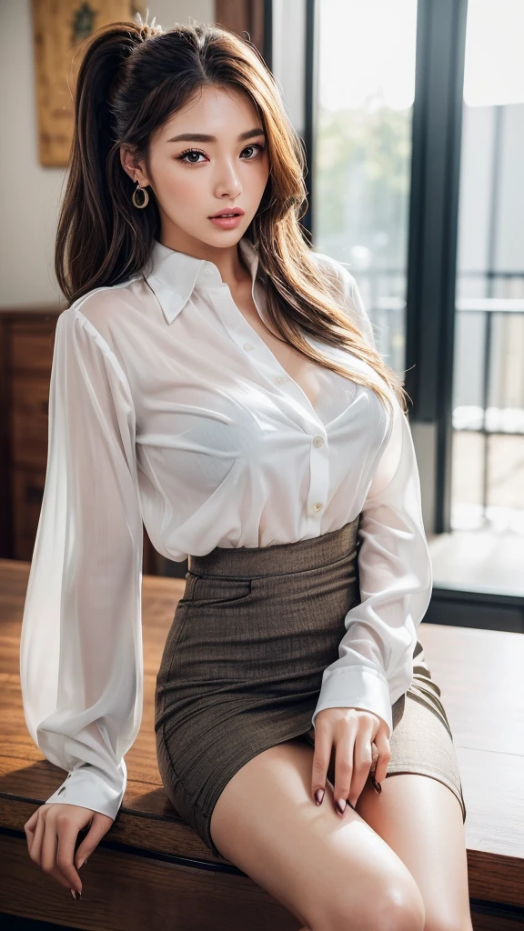 (8K, highest quality, masterpiece:1.2),  (realistic, Photoreal:1.37),  Super detailed, one girl, (very detailed), (detailed and beautiful eyes), ((((highly detailed artwork))))、Earrings、((Two-toned hair))、ponytail、(((Inside a stylish secondhand clothing store)))、(masterpiece、Highest quality、In 8K、32K、masterpiece、Super huge 、Ultra-high resolution、Impressionism、Realistic:1.2)、((fullbody)), ((Cowboy Shot)),  Sharp focus、Beautiful face with detailed background of face and eyelids、Glowing Skin、Sharp pupils、Realistic eyes and beautiful face、Blurred Background、Beautiful 28 year old girl、Glowing Skin、(((bright and beautiful hair)))、iris、curve、Powerful composition,  ((seductive looks))、((horny expression))、

A young woman,  (long hair),  (straight dark brown hair),  ((wearing a white button-up blouse that is slightly sheer)),  ((tucked into a high-waisted black pencil skirt)),
 She is seated on a wooden surface,  natural sunlight to illuminate the scene,  The overall mood is professional and sophisticated、