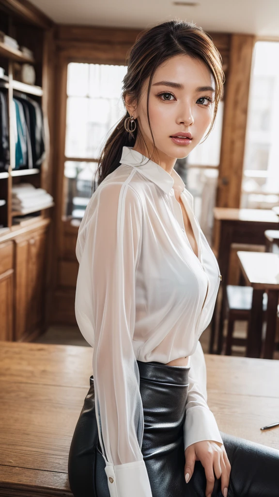 (8k, Best Quality, Masterpiece: 1.2), (Realistic, Photorealistic: 1.37), Super Detailed, 1 Girl, Cute, Alone, Beautiful Detailed Sky, Detailed Cafe, Night, Sitting, Date, ( Nose blush), (smile: 1.15), (close mouth) small breasts, beautiful details, (collared shirt: 1.1), night, wet, business wear, rain, white lace, (short hair: 1.2), floating Hair NovaFrogStyle,