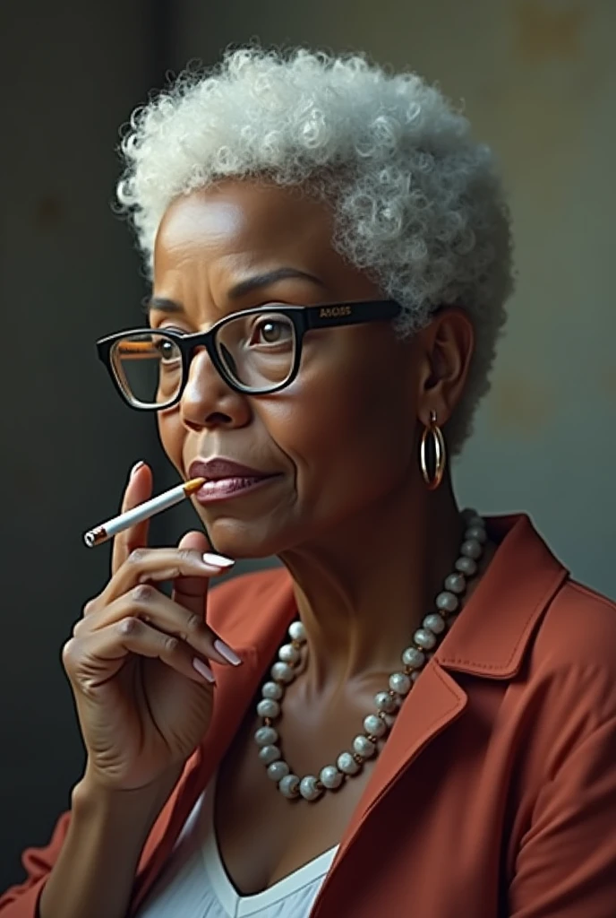 A middle-aged black woman, short white hair wearing glasses with hoop piercing with a cigarette in his hands