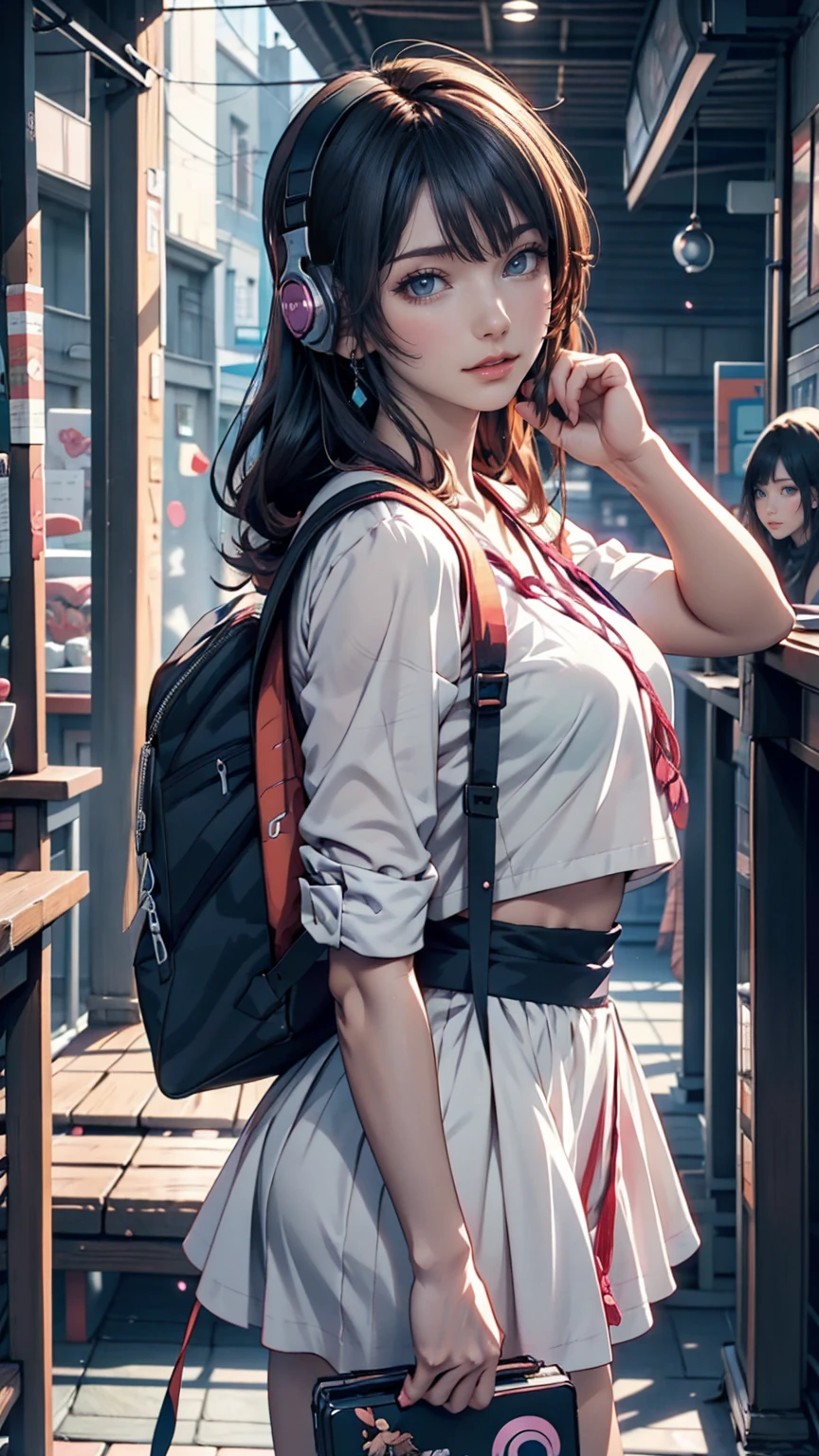 Anime girl with headphones and backpack looking at cell phone, Anime Style 4 k, Alice x. open, Digital anime art, Nightcore, Digital anime illustration, Anime Styled digital art, anime art wallpaper 4k, anime art wallpaper 4k, Anime art style, Anime digital art, Anime Style artwork, Anime Style. 8k, detailed Digital anime art