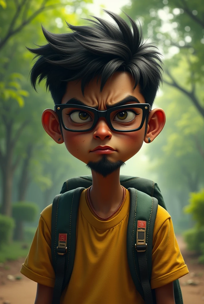 indian boy, skinny, goatee, glasses, backpack, angry, portrait, park background, realistic.