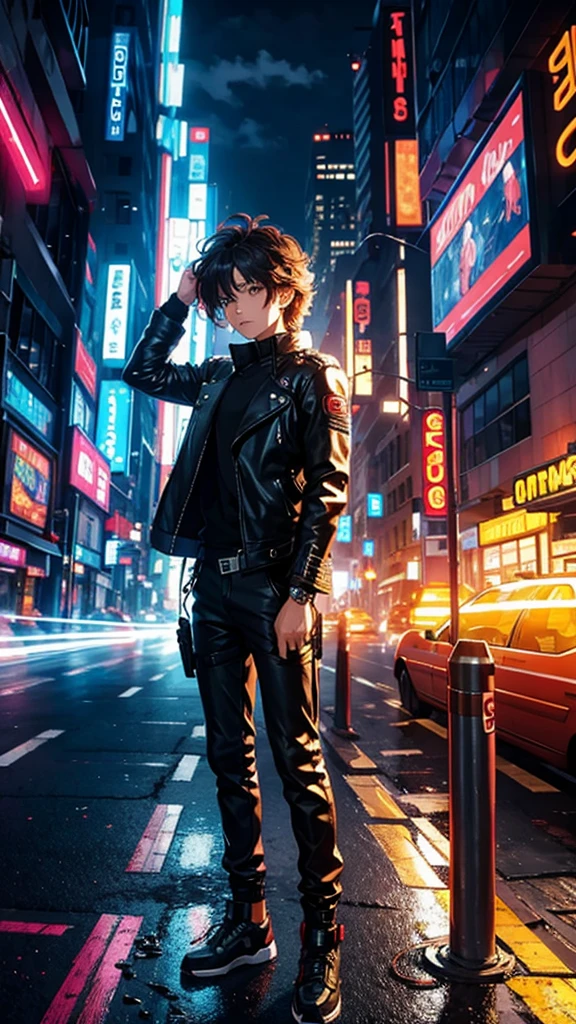 "Describe a young hero with messy hair and a bright leather jacket., tour around a futuristic 80s style city. The city is filled with flashy neon, flying car, and robots with retro designs. This hero has a laser weapon that is similar to the design from the 80s era..