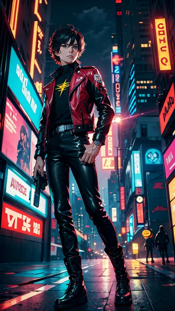 "Describe a young hero with messy hair and a bright leather jacket., tour around a futuristic 80s style city. The city is filled with flashy neon, flying car, and robots with retro designs. This hero has a laser weapon that is similar to the design from the 80s era..
