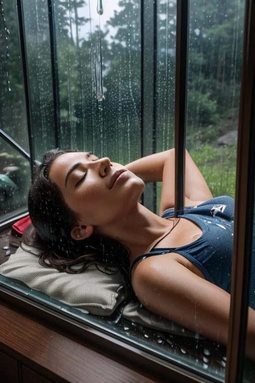 A female camper is lying in the sky and sleeping. It looks like mountain ash is pouring through the glass and it is raining continuously outside.