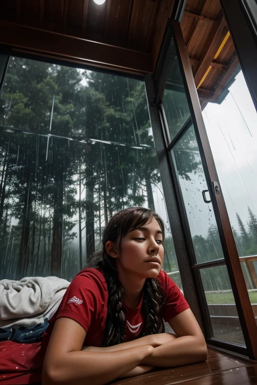 A female camper is lying in the sky and sleeping. It looks like mountain ash is pouring through the glass and it is raining continuously outside.
