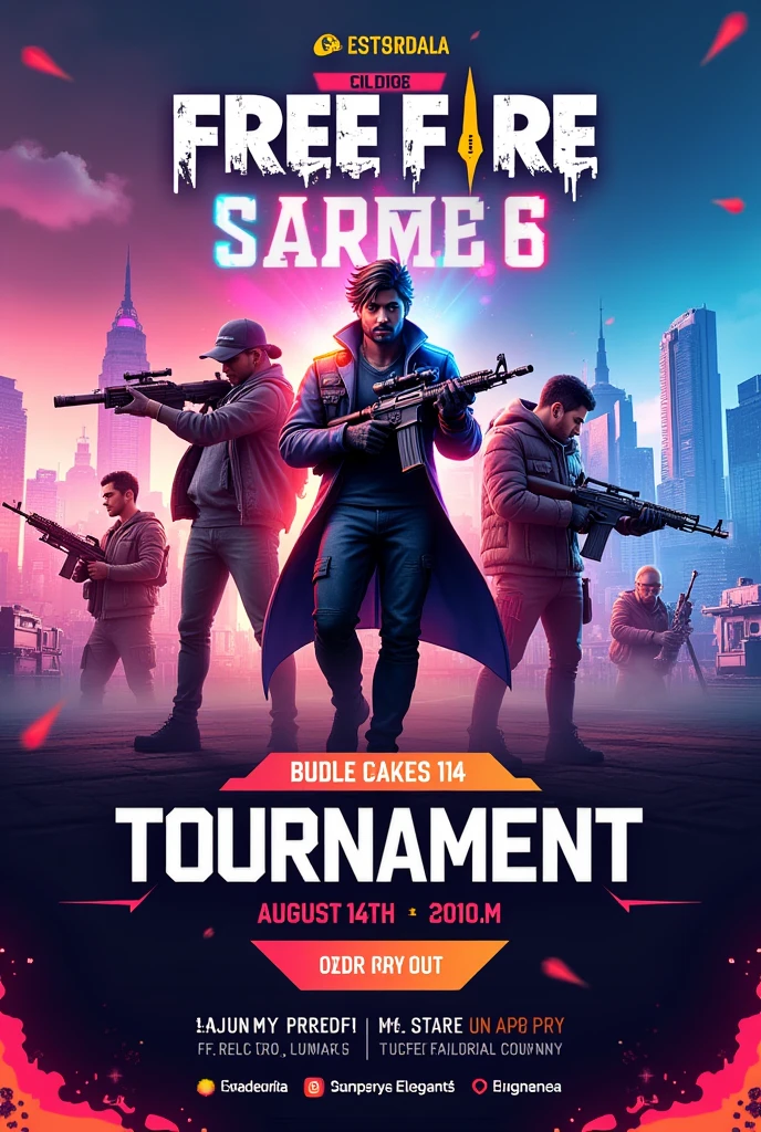 Make a banner for tournament of FREE FIRE game on 14 August at 3 P.M. entery fees 39 rupees and first prize is 200 second is 150 and third is 100 rupees . add a note that to register DM me "