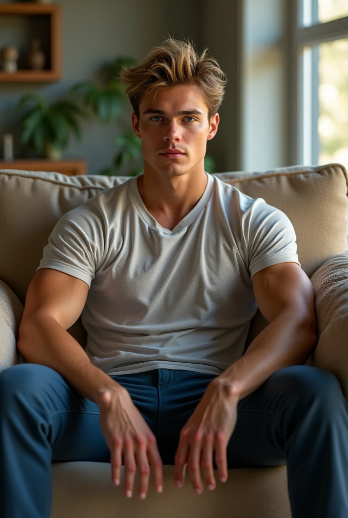 a young and handsome man in his 20s sitting facing forward with his legs half open wearing very tight pants, and for which reason, the crotch (very big) very marked, with the camera focusing on his crotch
