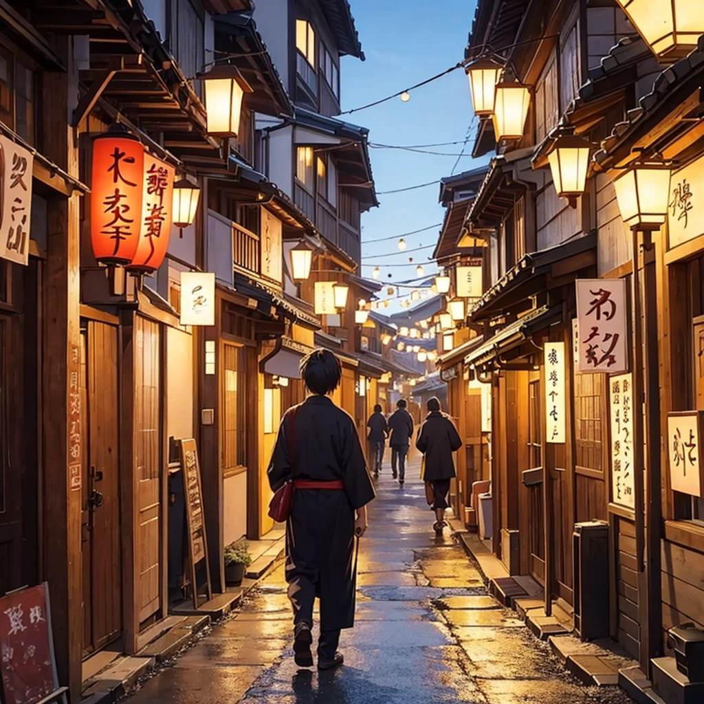Japanese street at night, lots of lanterns. In the style of anime 90s.