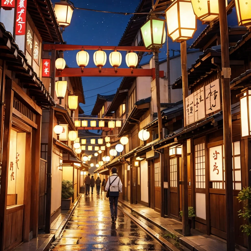 Japanese street at night, lots of lanterns. In the style of anime 90s.