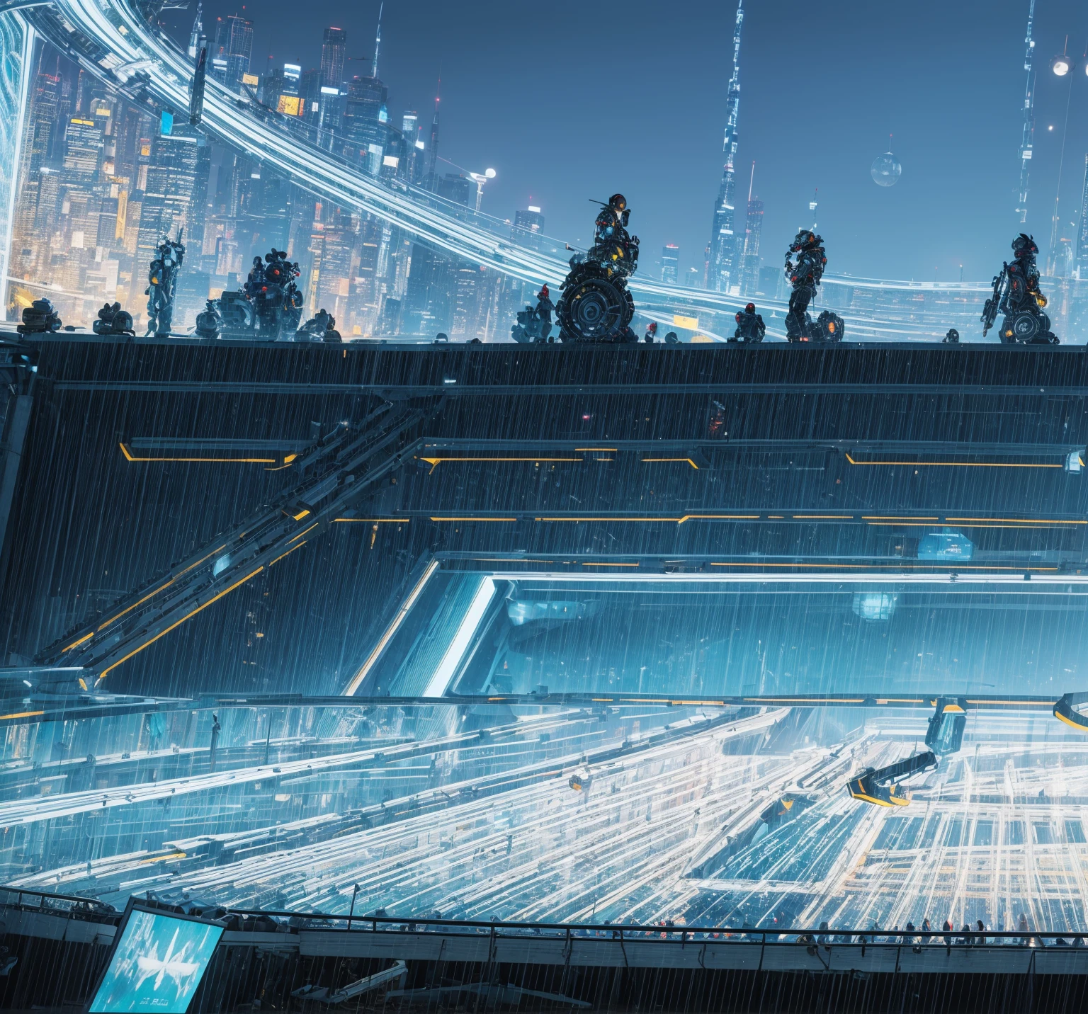 ((Highest quality,masterpiece,Extremely sophisticated details,Gorgeous sci-fi mechanical stage scene,no audience no one,spotlight shines,Three-dimensional and shocking atmosphere))