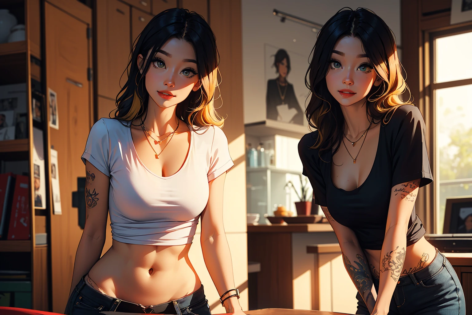 A stunning woman stands solo, hips slightly upturned, her detailed face radiating a sultry invitation. amber eyes shine like warm honey as she sports multi-colored hair with trendy bangs. A tattooed dragon wraps around her toned physique, visible beneath a fitted t-shirt that accentuates her chest. A delicate necklace glimmers against her skin as she confidently wears a sexy smile. Her mischievous gaze seems to say 'come closer', drawing the viewer's eye like a magnet. Framed by a soft, beauty is perfectly balanced and on full display, with the tip of the nipple showing through