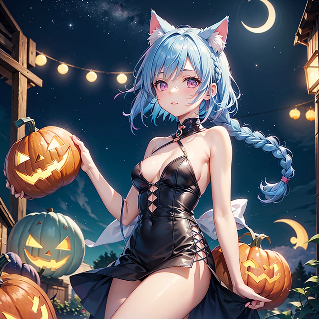 (Sky blue hair),(Braided short hair), (Pink Eyes),Fair skin) ,(whole body),(One Girl),(Crescent Moon),(There are lots of pumpkin ghosts in the background),Cat ear,Cat's Tail,(Sailor suit),(Ahegao),(Fall into Darkness),If you don't give me sweets, I'll play a prank on you.),Halloween Night Party),(masterpiece, Highest quality, Very detailed, Best Shadow), (Detailed Background), (Beautifully detailed face), High Contrast, (Best lighting, Very delicate and beautiful), ((Cinematic Light)), Hyper Detail,8k, Dramatic Light, Intricate details,night,(Bats flying in the background),Pumpkin handbag,There are sweets in the bag,High quality