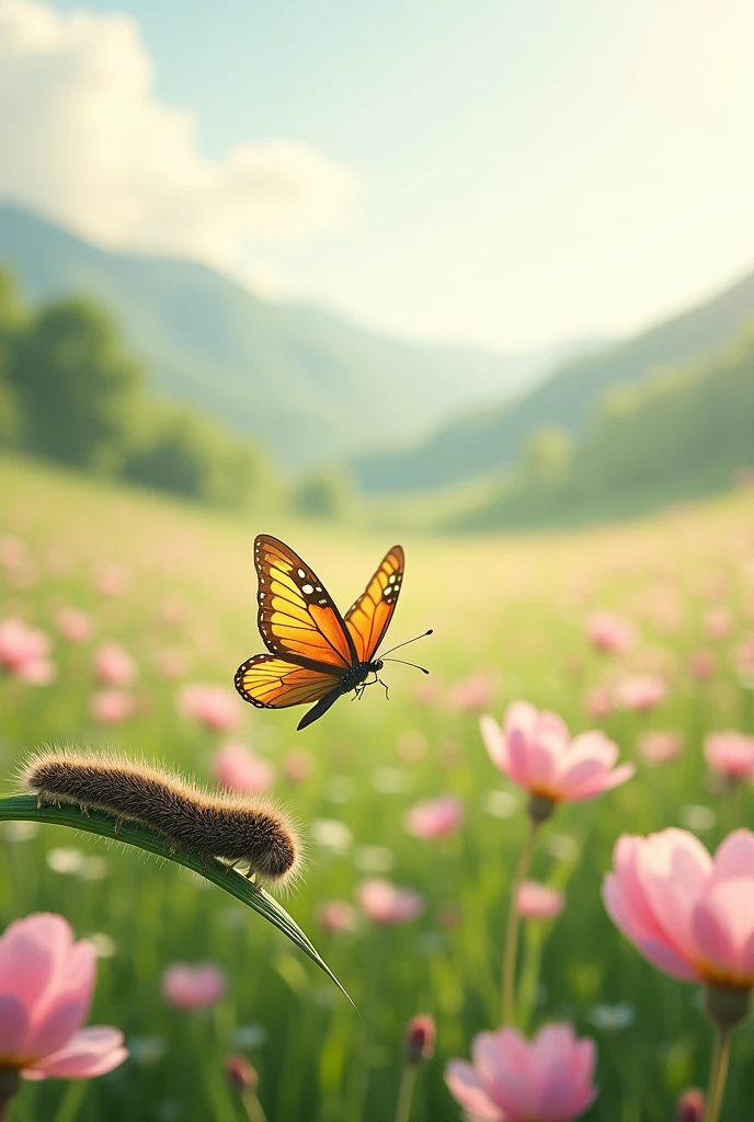 a beautiful field of pink flowers, a butterfly flying prominently, a caterpillar on a branch, intricate details, vibrant colors, natural lighting, photorealistic, cinematic composition, 8k, HDR, high quality, masterpiece
